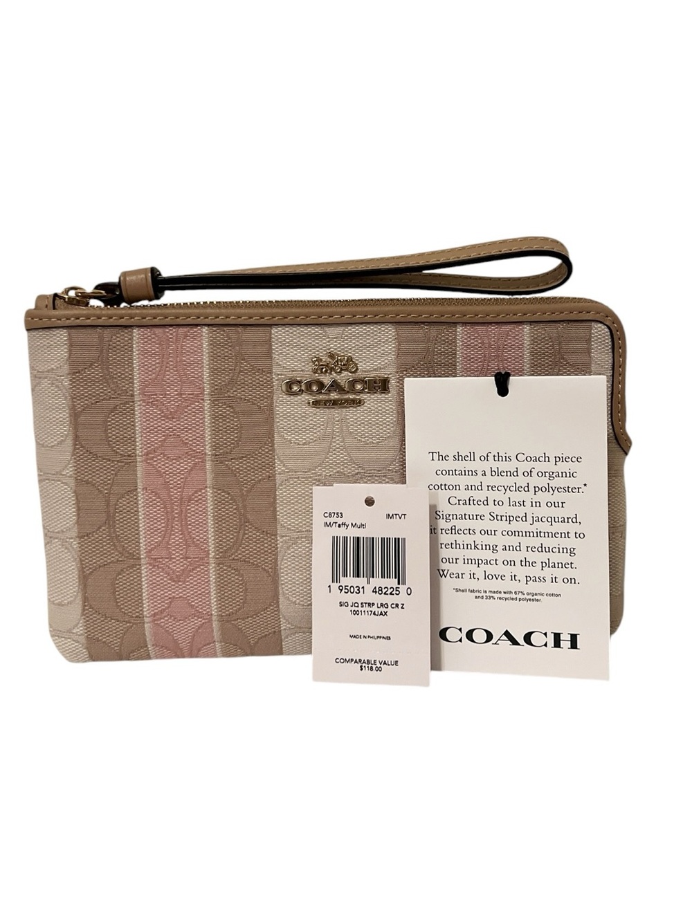 NWT Coach C8753 Signature Jacquard Stripe Corner Zip Wristlet Taffy - Picture 5 of 5